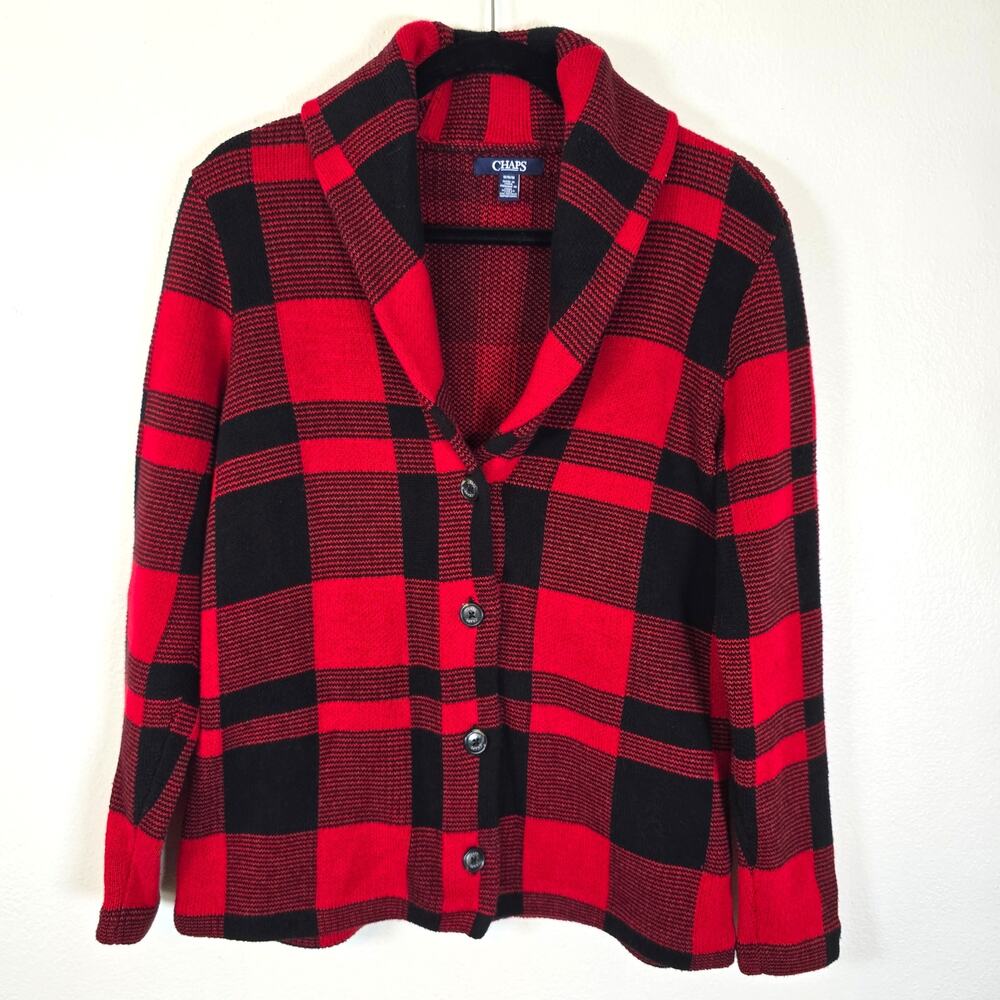 Chaps Festive Season Cardigan M Red Black Buffalo Plaid Winter Wardrobe Classic